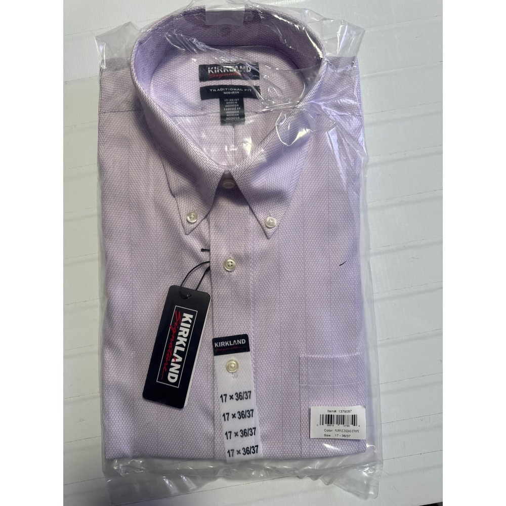 Kirkland Signature Mens Dress Shirt‎ 17 36/37 Purple Zigzag Stripe Non-Iron New